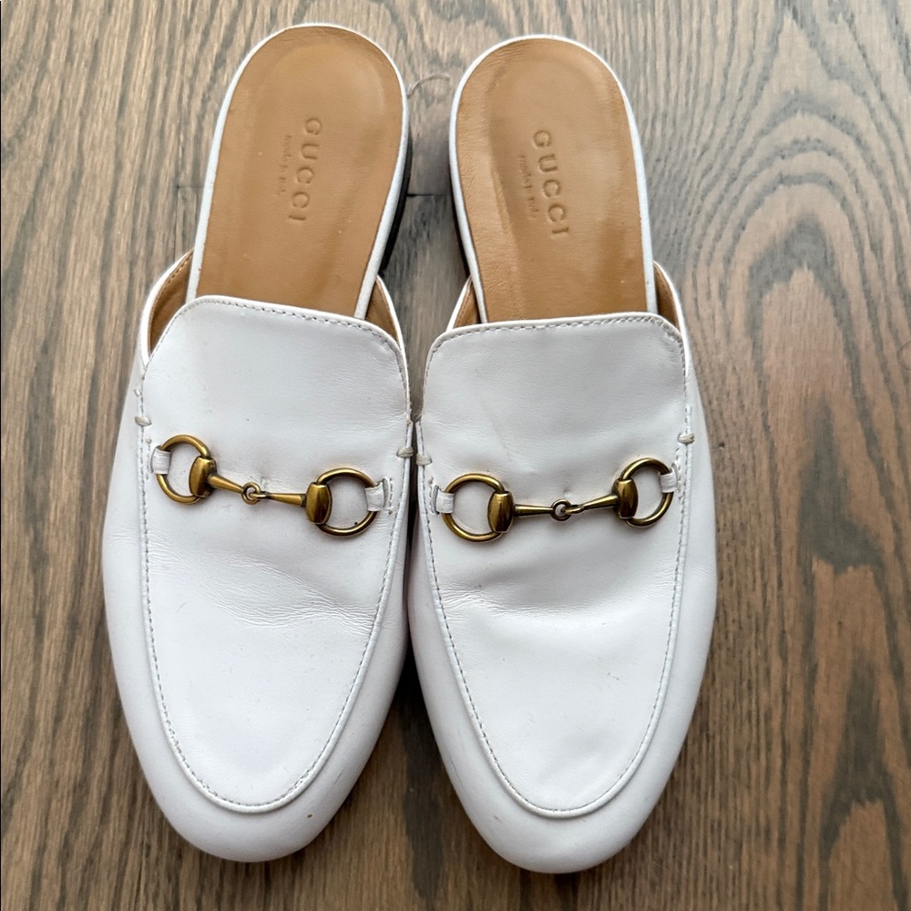 Gucci Women's White Leather Mules with Gold Hardware